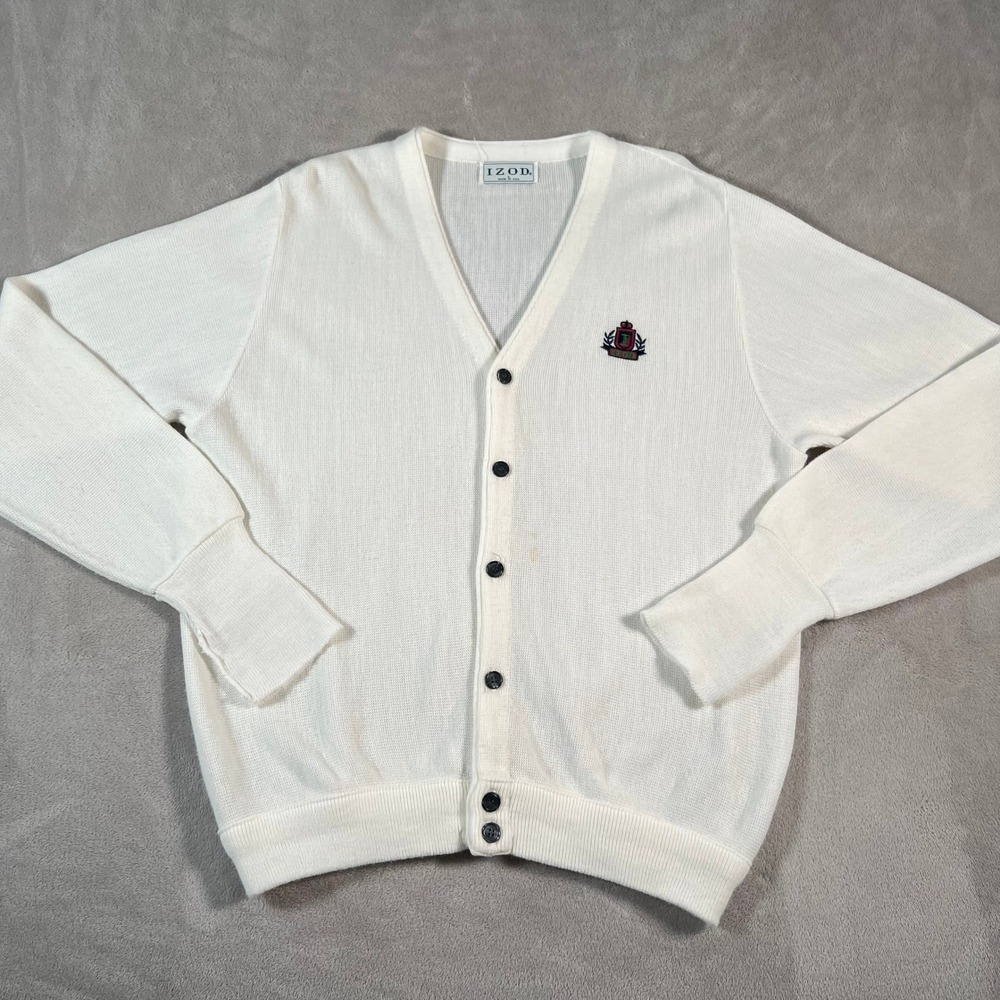 Vintage IZOD Cardigan Sweater Men's Large Off White Crest Logo Knit Made in USA